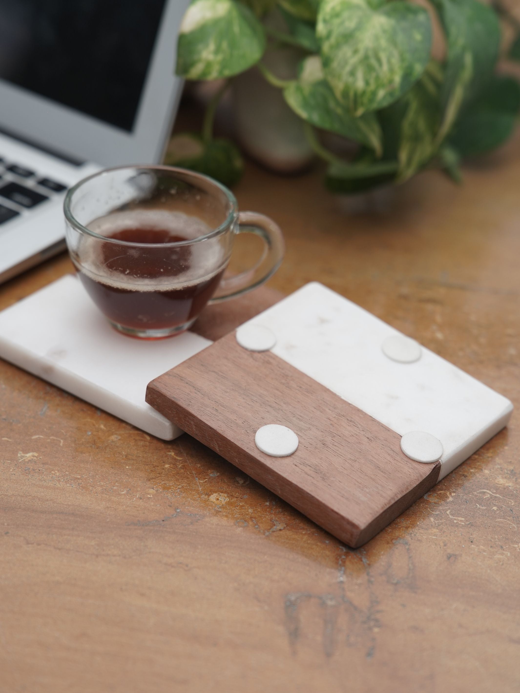 Square Coasters - White Marble & Wood
