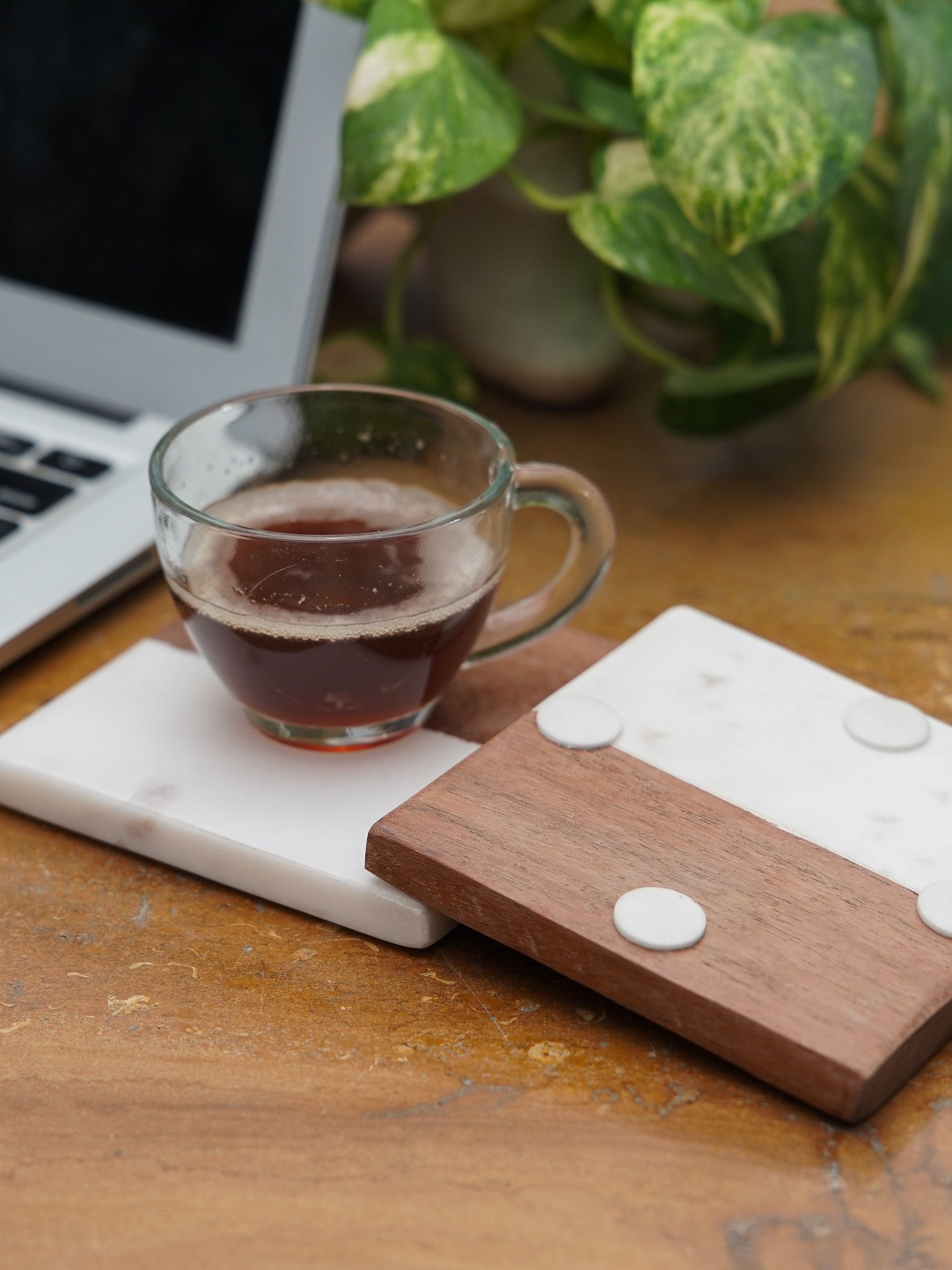 Square Coasters - White Marble & Wood