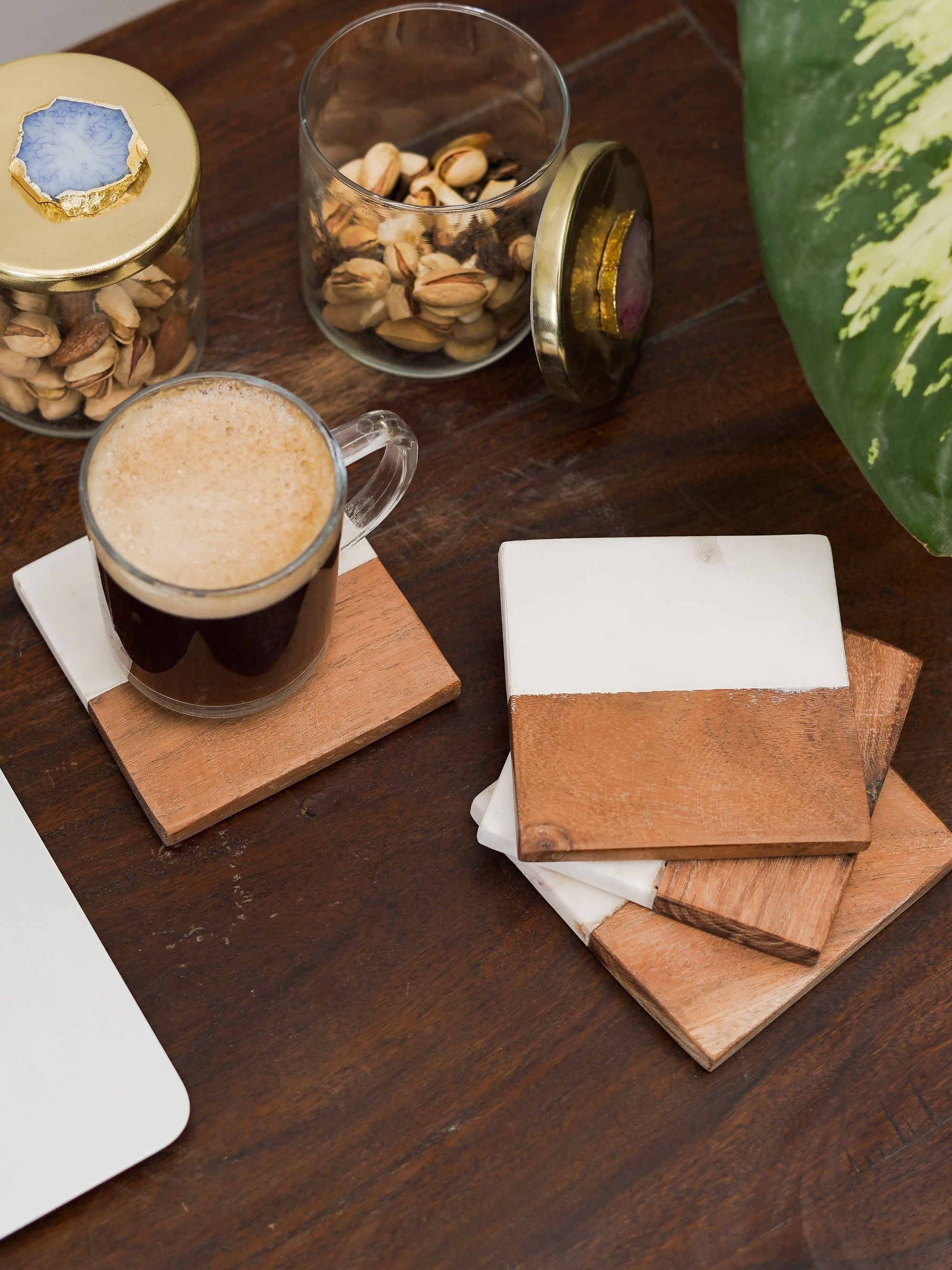 Square Coasters - White Marble & Wood