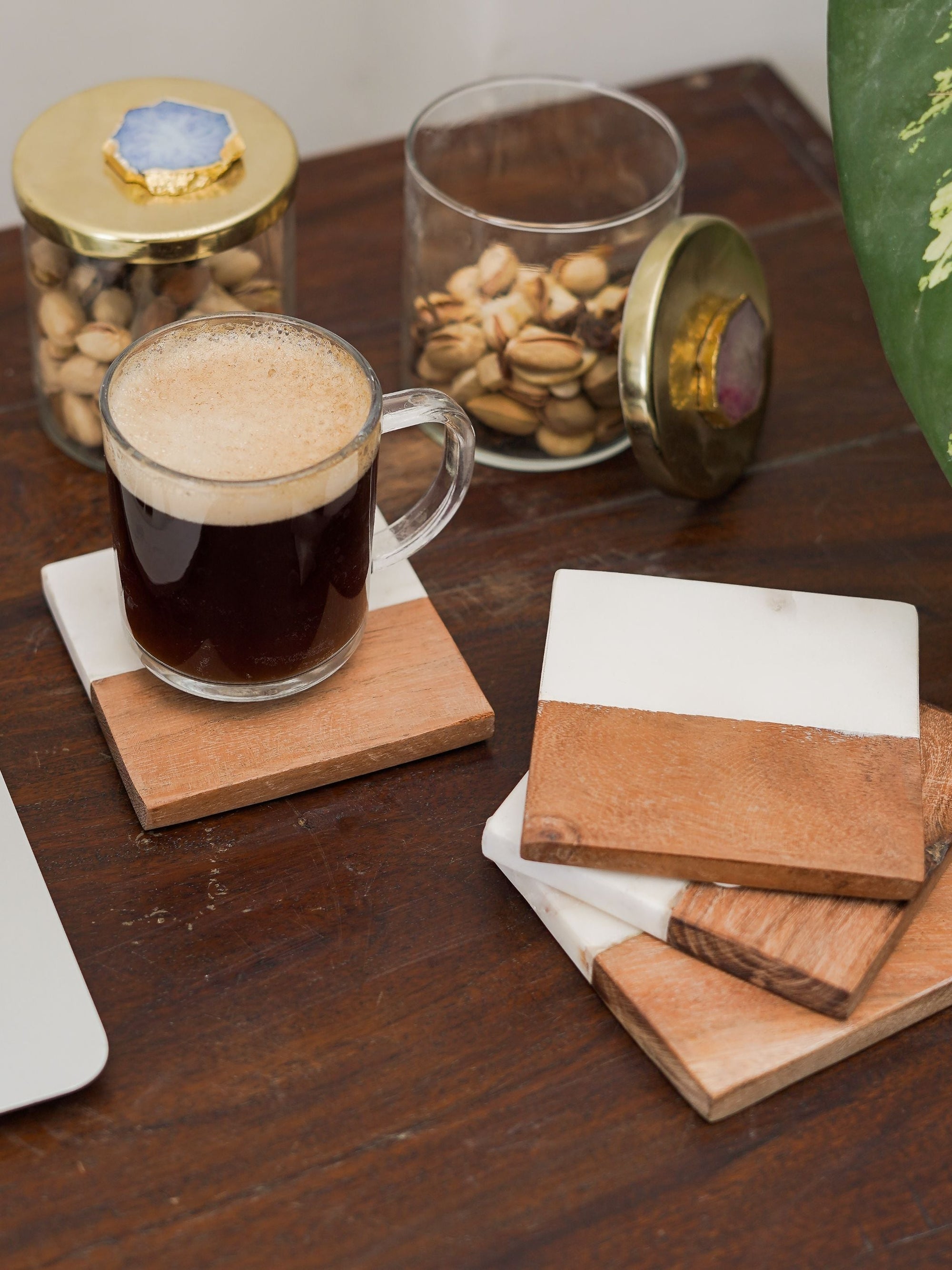 Square Coasters - White Marble & Wood
