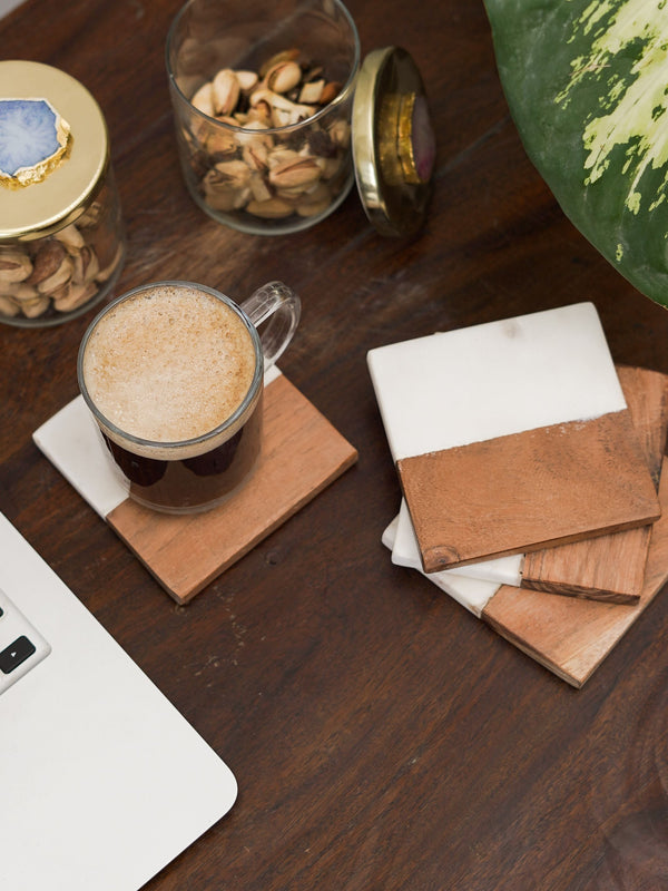 Square Coasters - White Marble & Wood