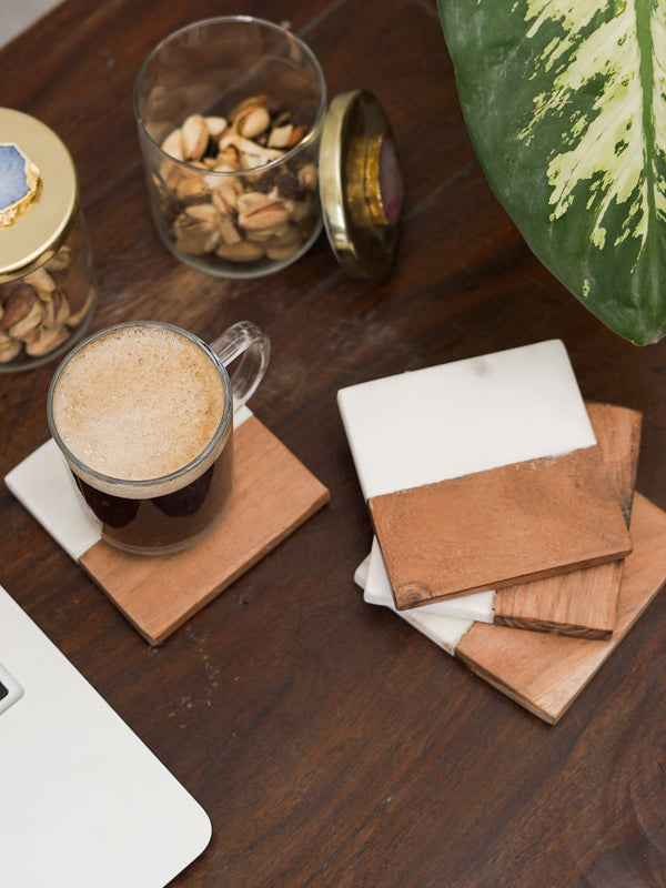 Square Coasters - White Marble & Wood