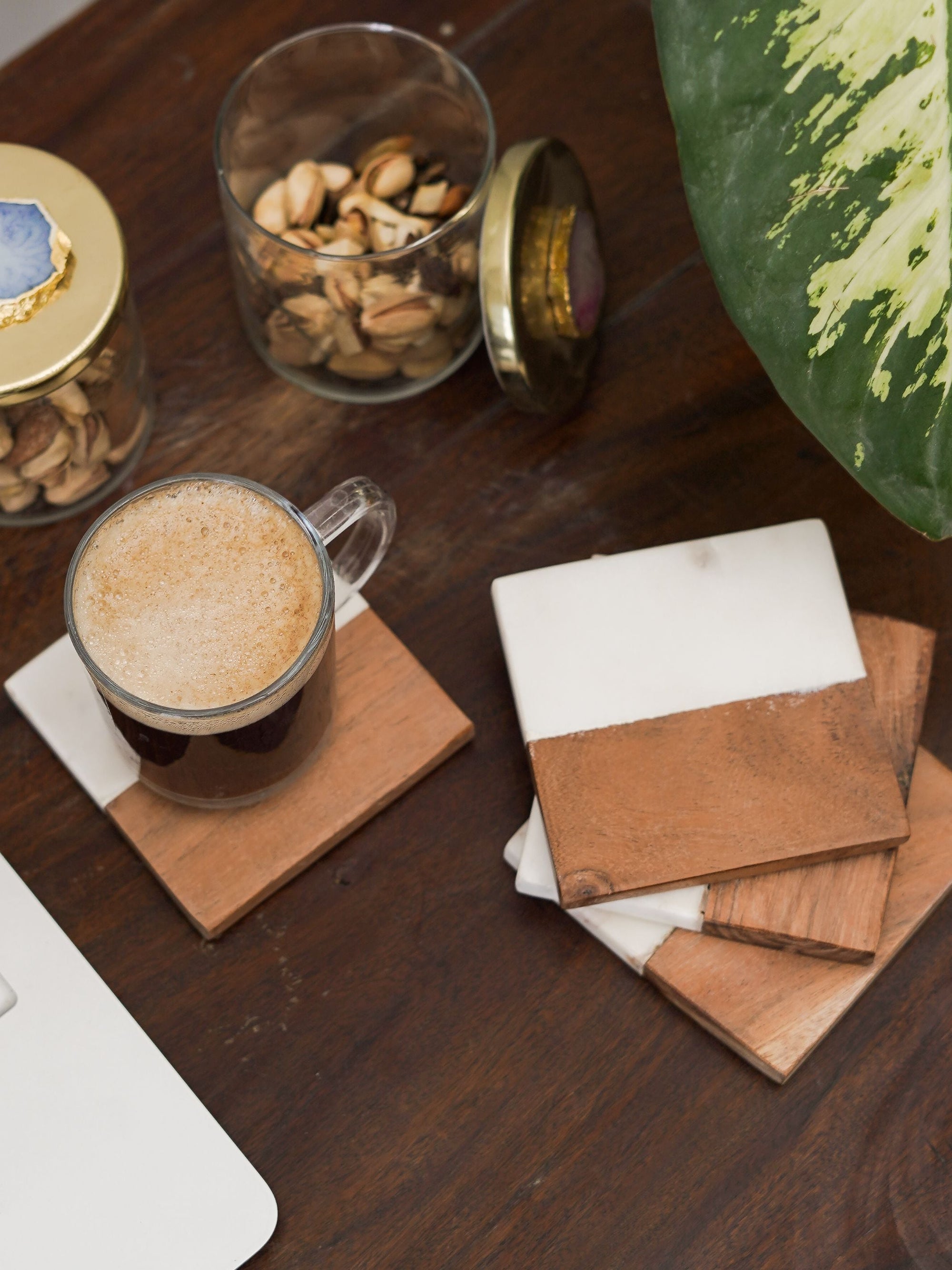 Square Coasters - White Marble & Wood