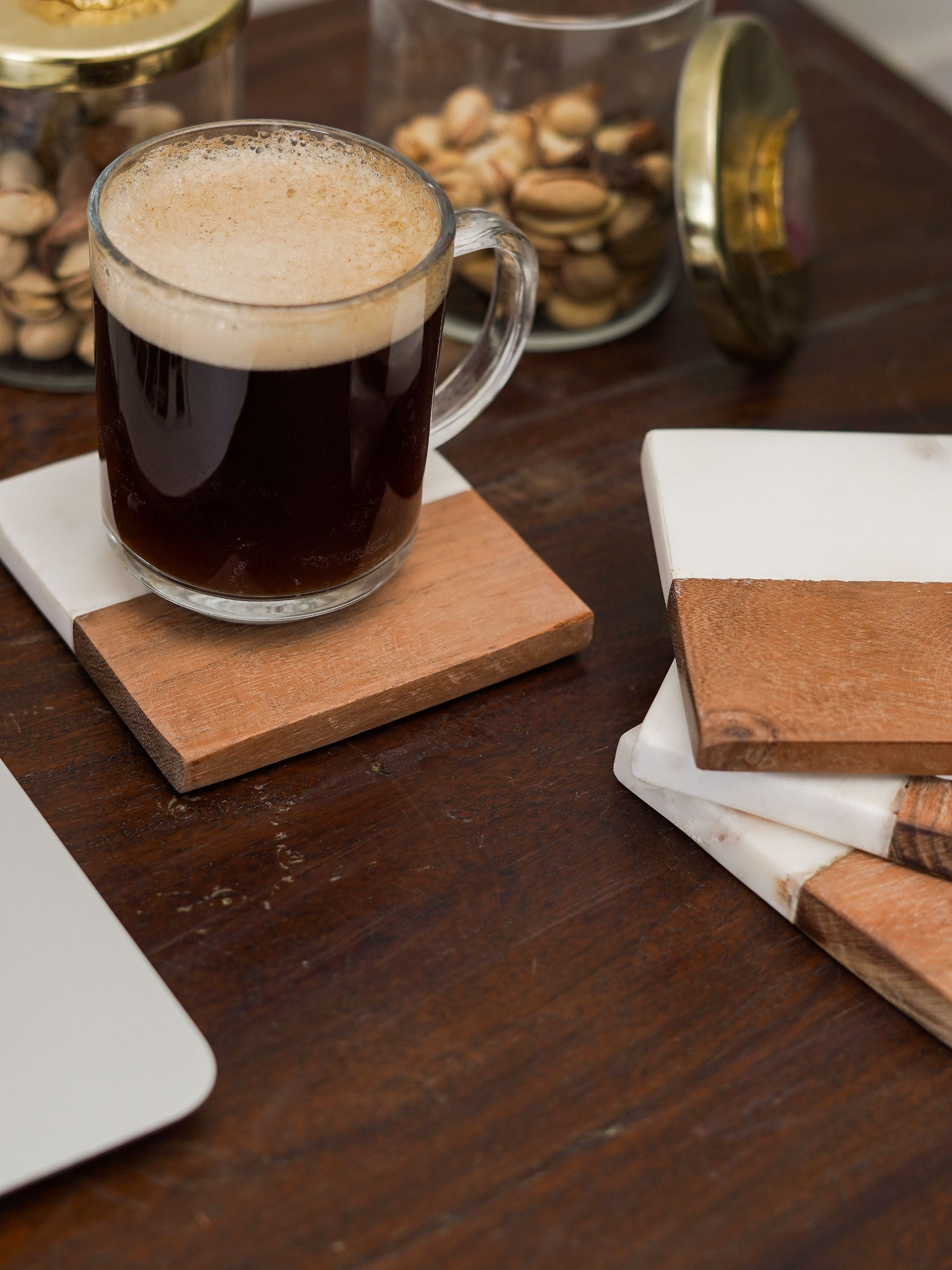 Square Coasters - White Marble & Wood
