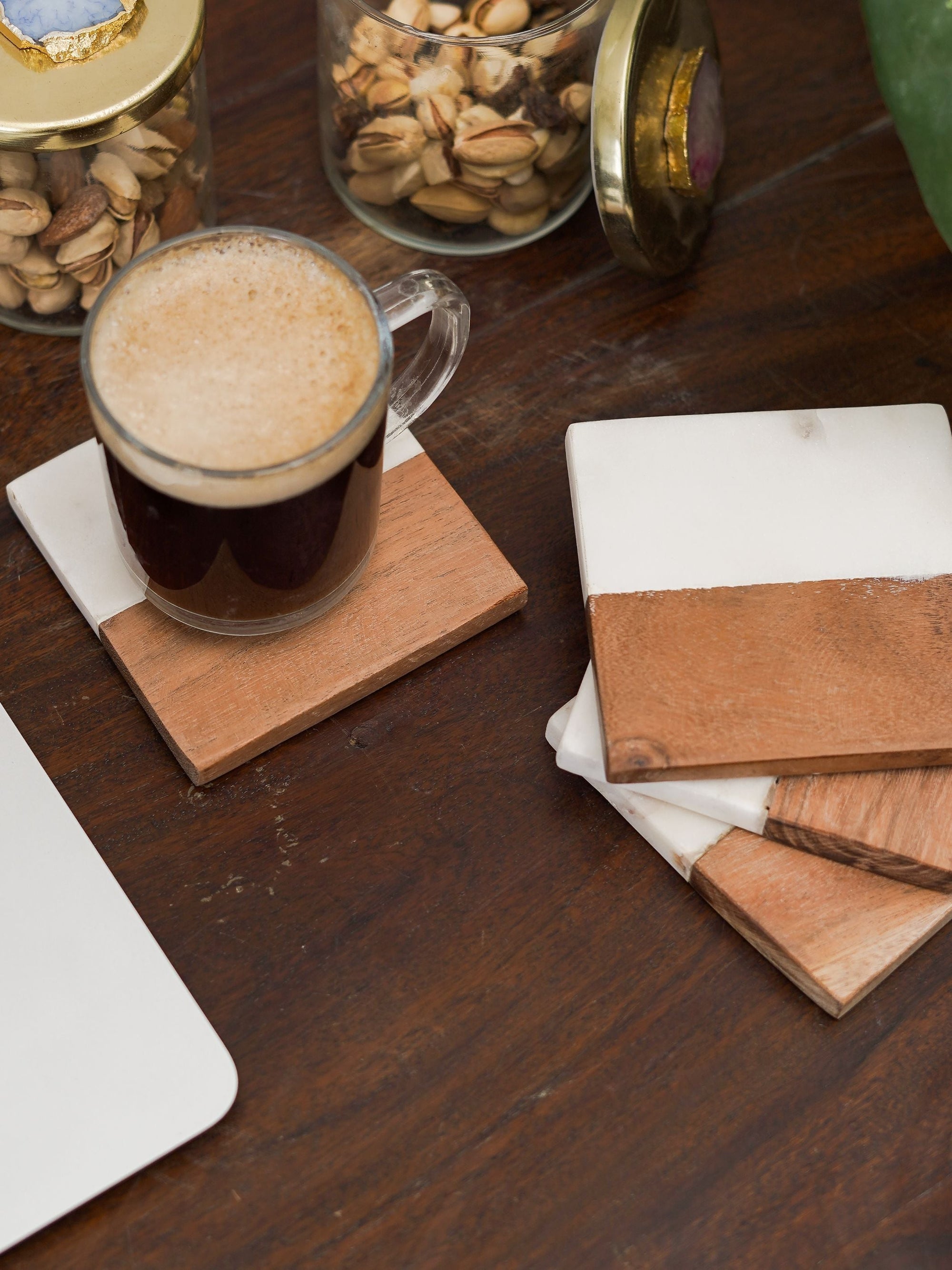 Square Coasters - White Marble & Wood