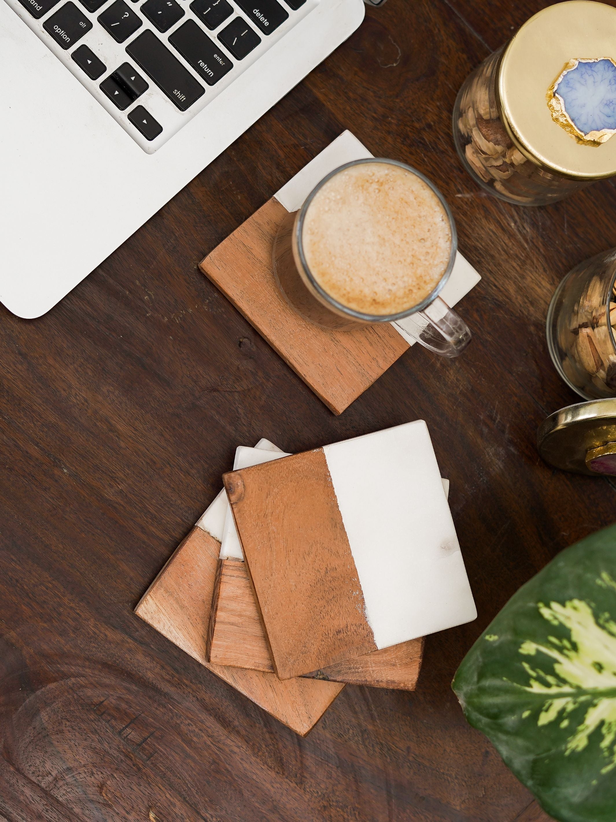 Square Coasters - White Marble & Wood