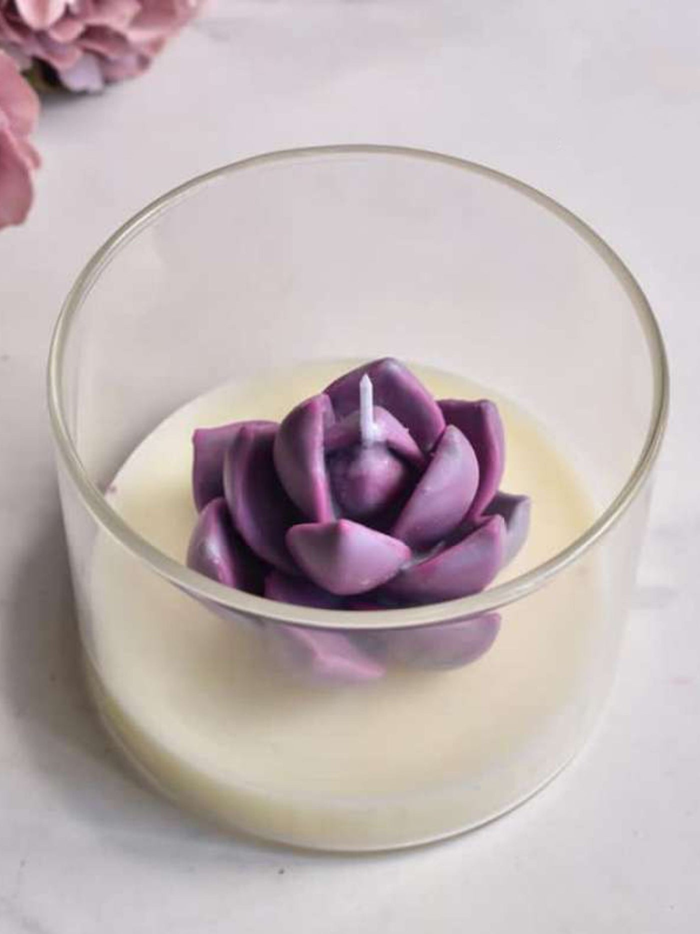 White Soy Candle With Purple Succulent