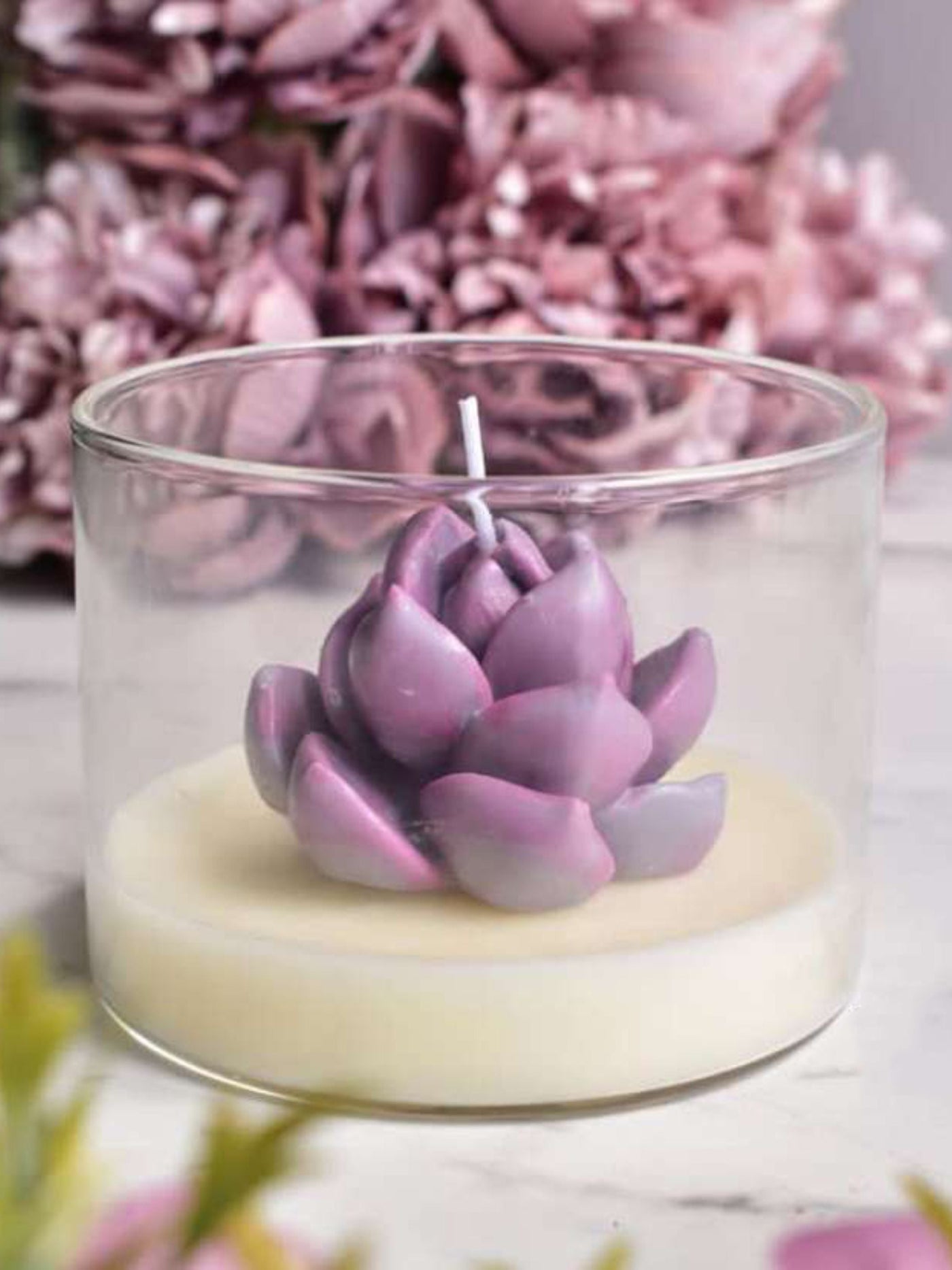 White Soy Candle With Purple Succulent