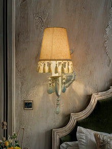 White Wall Sconce with Tassel Shade and Crystal Accents