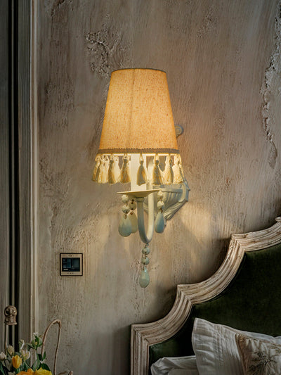 White Wall Sconce with Tassel Shade and Crystal Accents