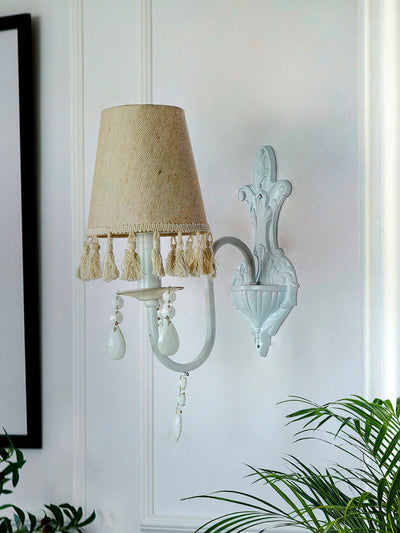 White Wall Sconce with Tassel Shade and Crystal Accents