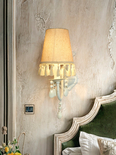 White Wall Sconce with Tassel Shade and Crystal Accents