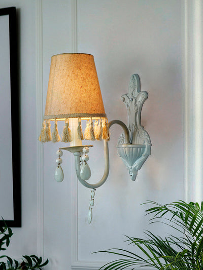 White Wall Sconce with Tassel Shade and Crystal Accents