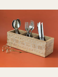 Wood Carved Cutlery Holder White