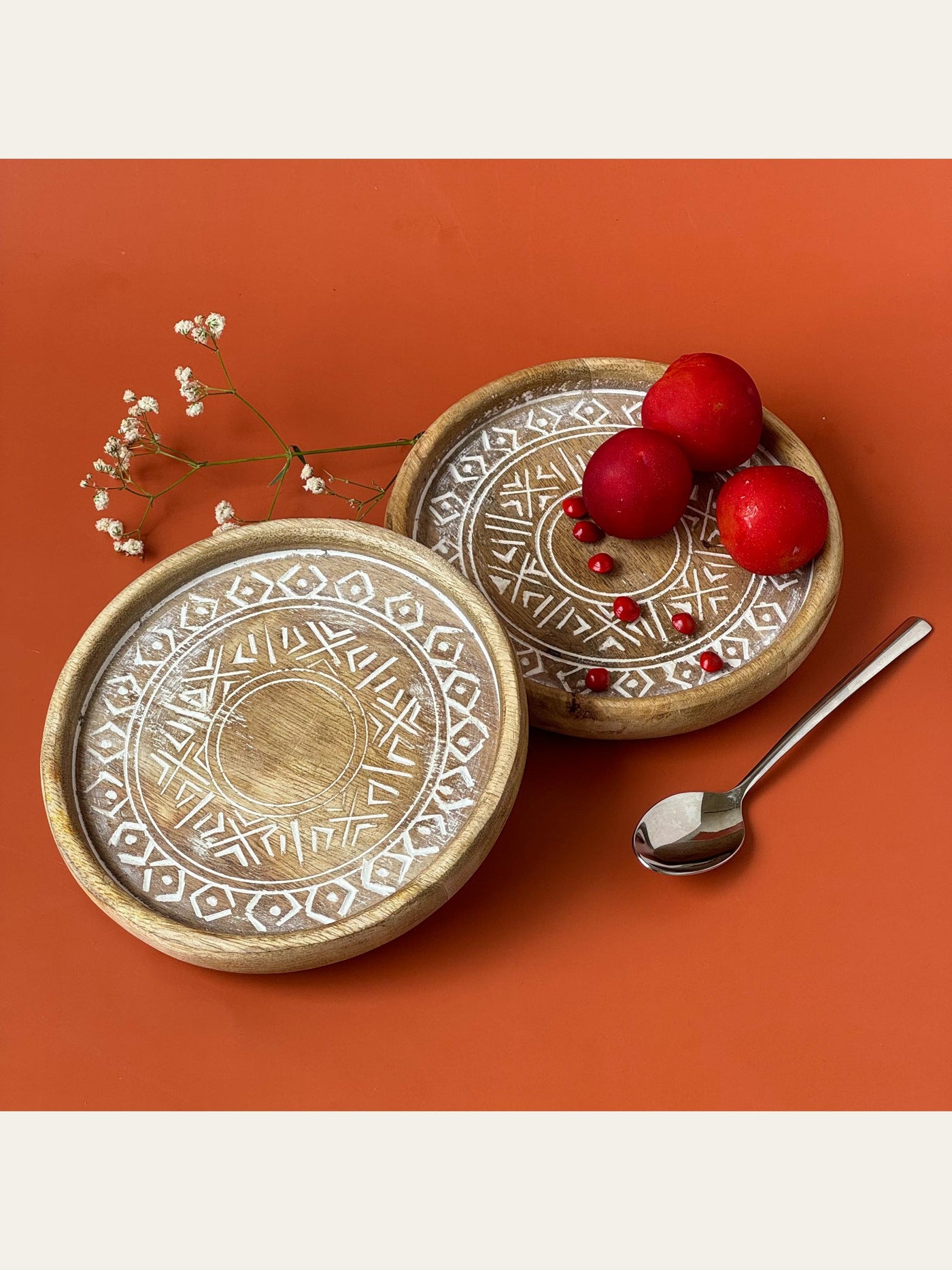 Wood Carved Small Tray Set of 2 White