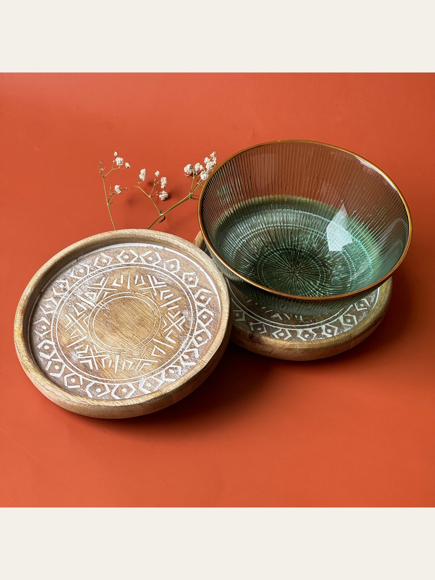 Wood Carved Small Tray Set of 2 White