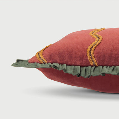 Aria Ruffle Carmine Embroidered Lumbar Cushion Cover