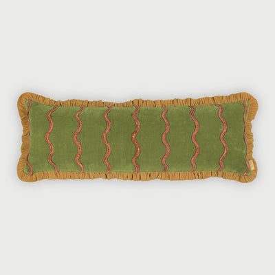 Aria Ruffle Forest Green Embroidered Lumbar Cushion Cover