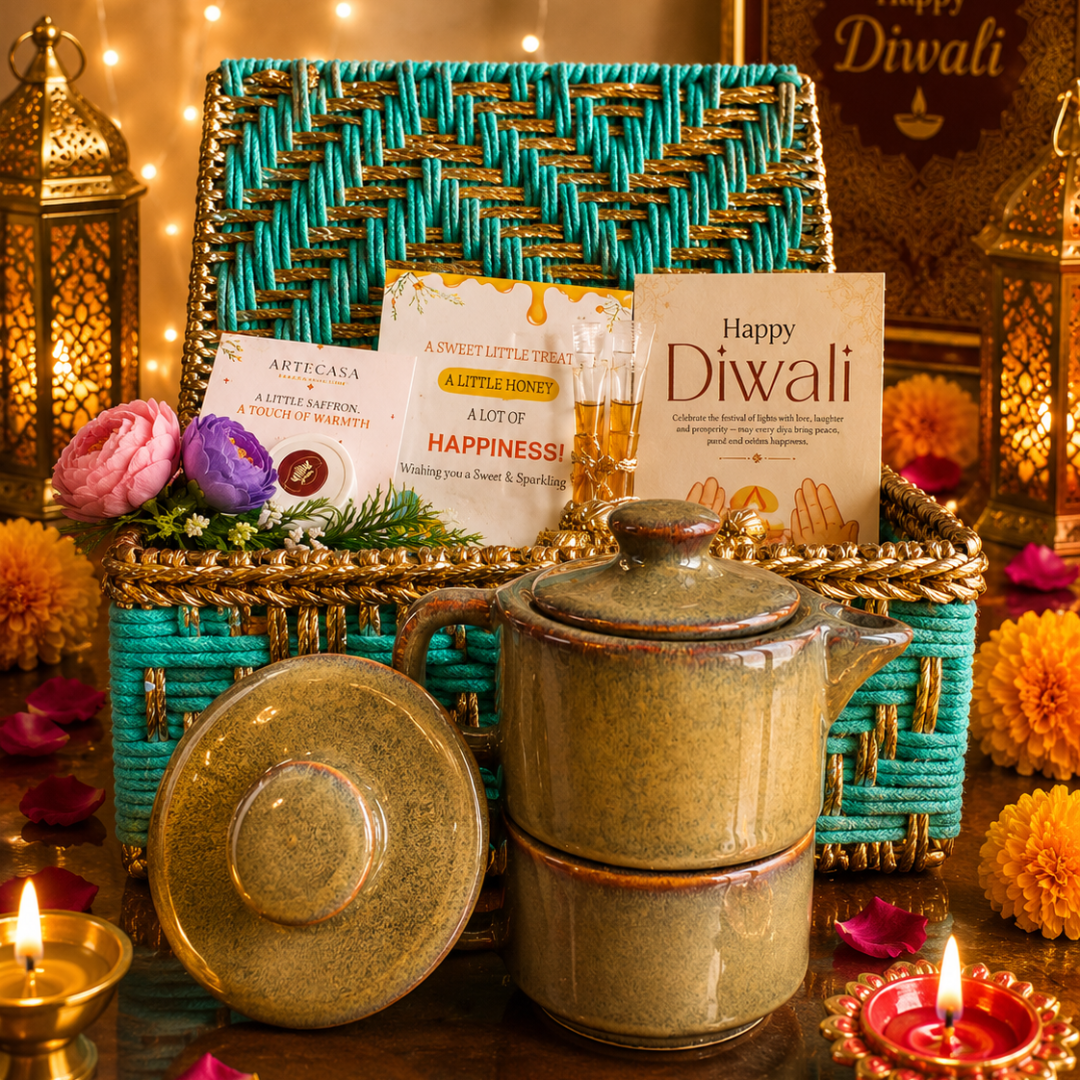 Green Chai & Diya Diwali Gift Basket – Festive Tea & Candle Hamper - https://artecasa.in/