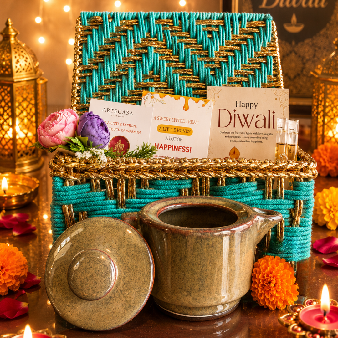 Green Chai & Diya Diwali Gift Basket – Festive Tea & Candle Hamper - https://artecasa.in/