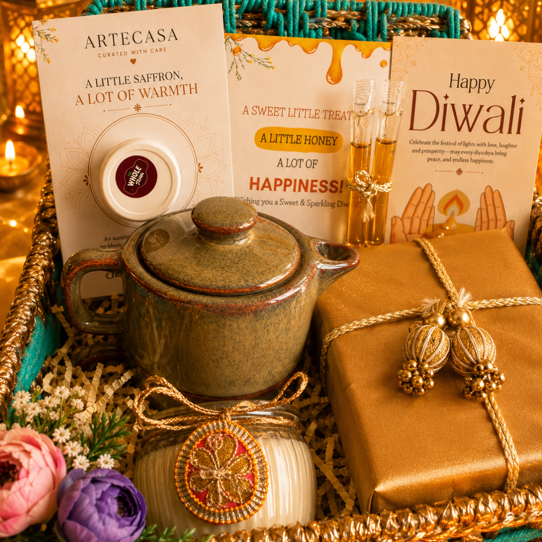 Green Chai & Diya Diwali Gift Basket – Festive Tea & Candle Hamper - https://artecasa.in/