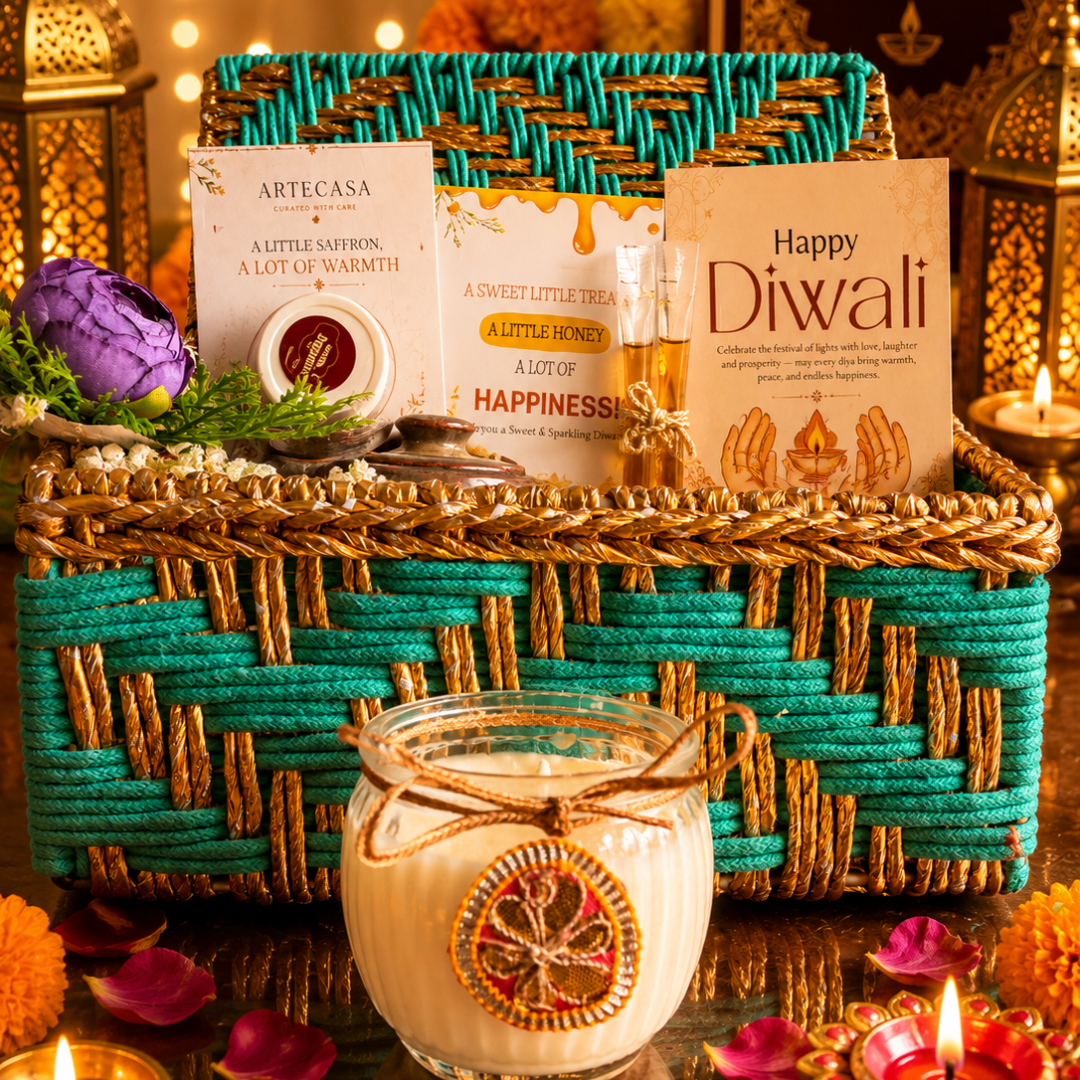 Green Chai & Diya Diwali Gift Basket – Festive Tea & Candle Hamper - https://artecasa.in/