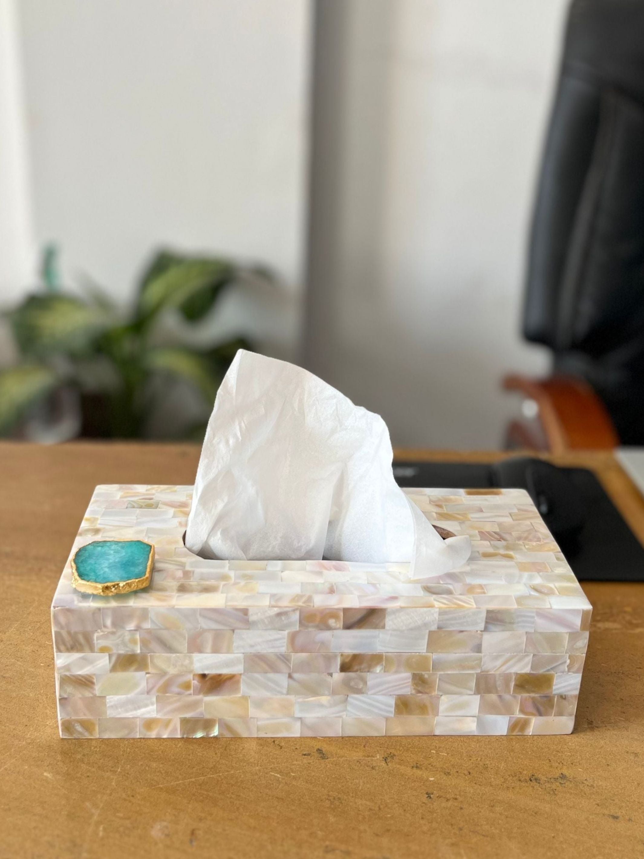 Mother of Pearl Tissue Box Holder with Agate
