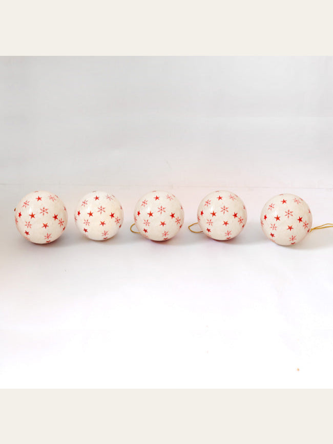 White & Red Snowflake Baubles - Papier Mache Christmas Decorations in Pack of 5