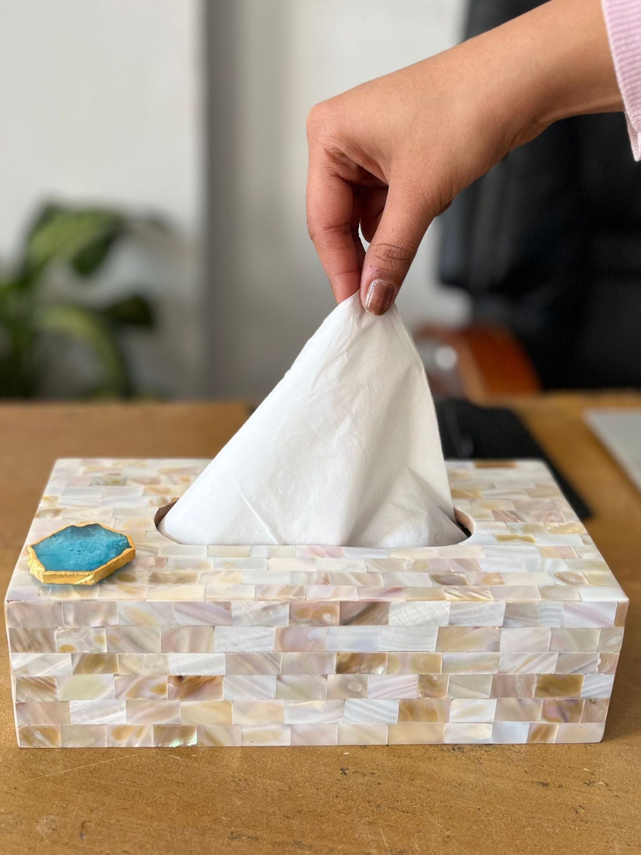 Mother of Pearl Tissue Box Holder with Agate