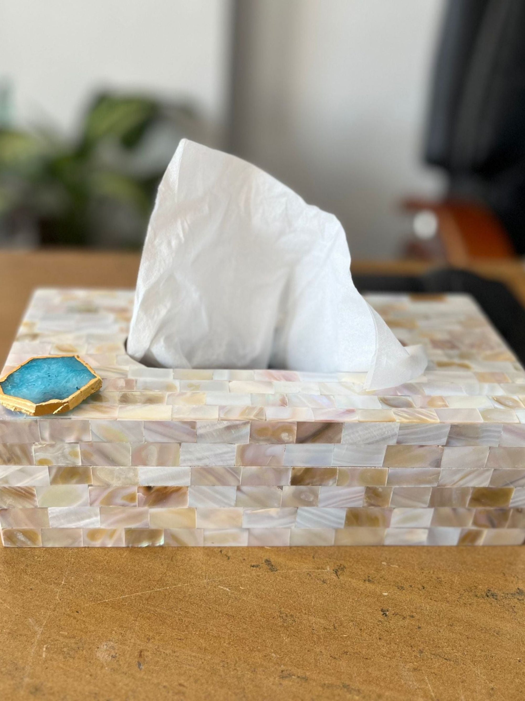 Mother of Pearl Tissue Box Holder with Agate