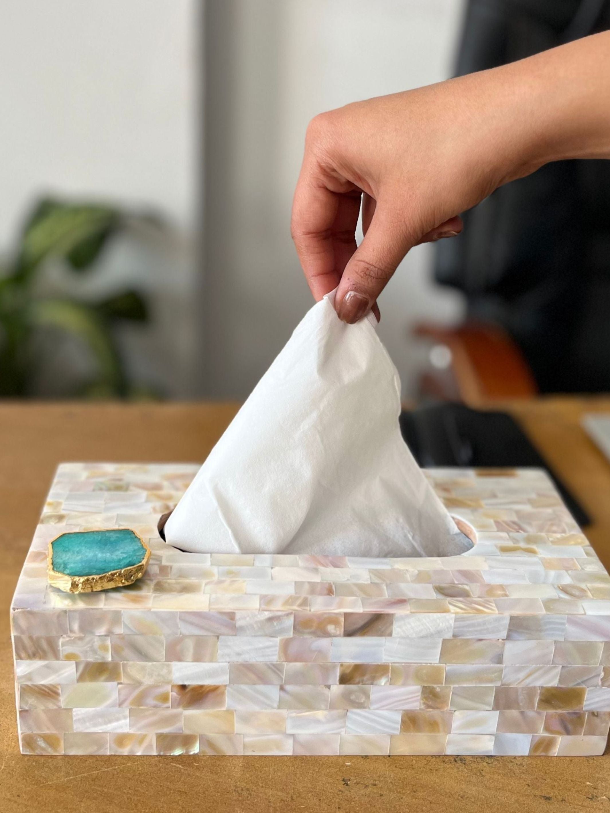 Mother of Pearl Tissue Box Holder with Agate