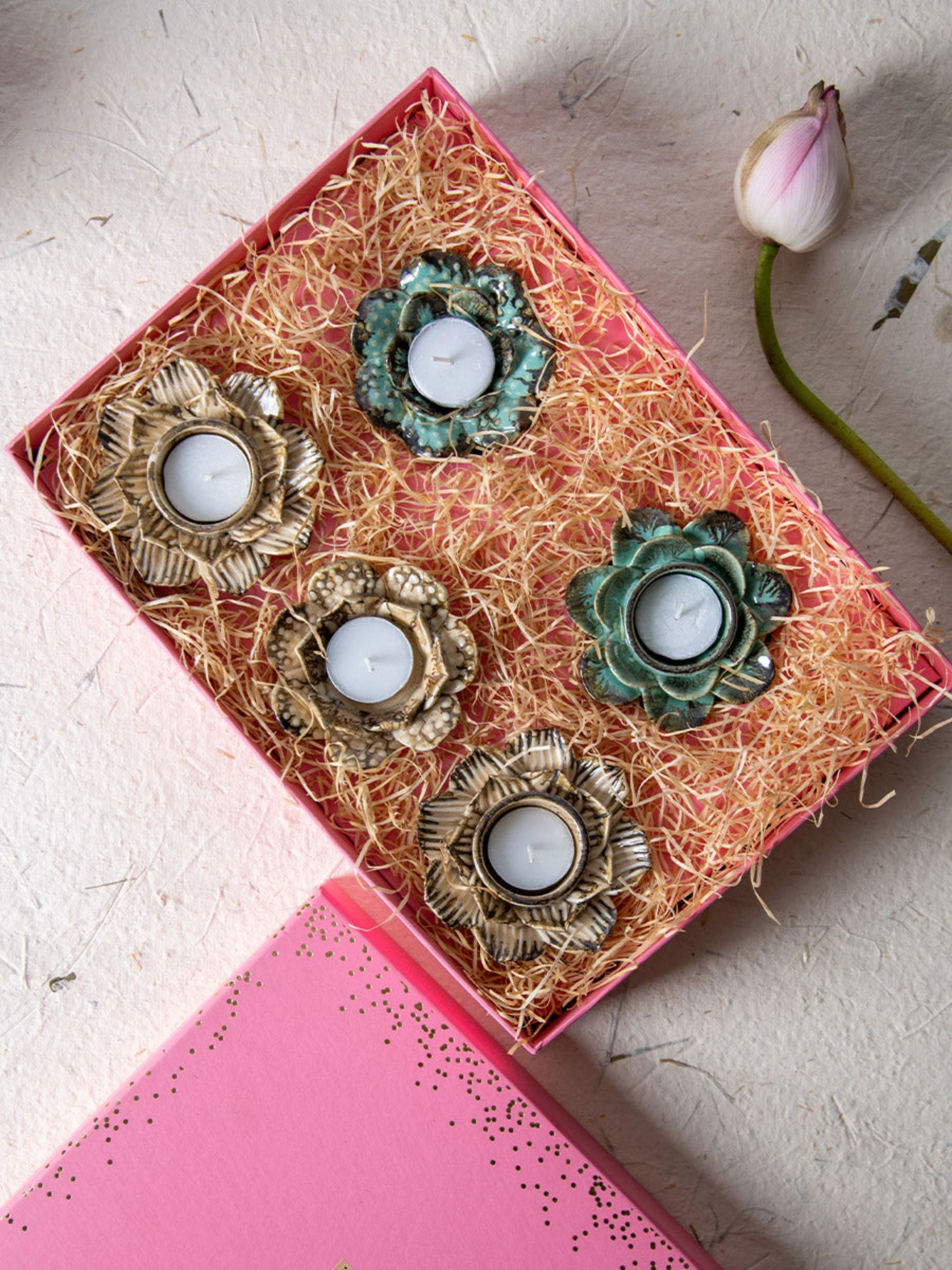 Festive Tea Light Holders Gift Box - Set of 5