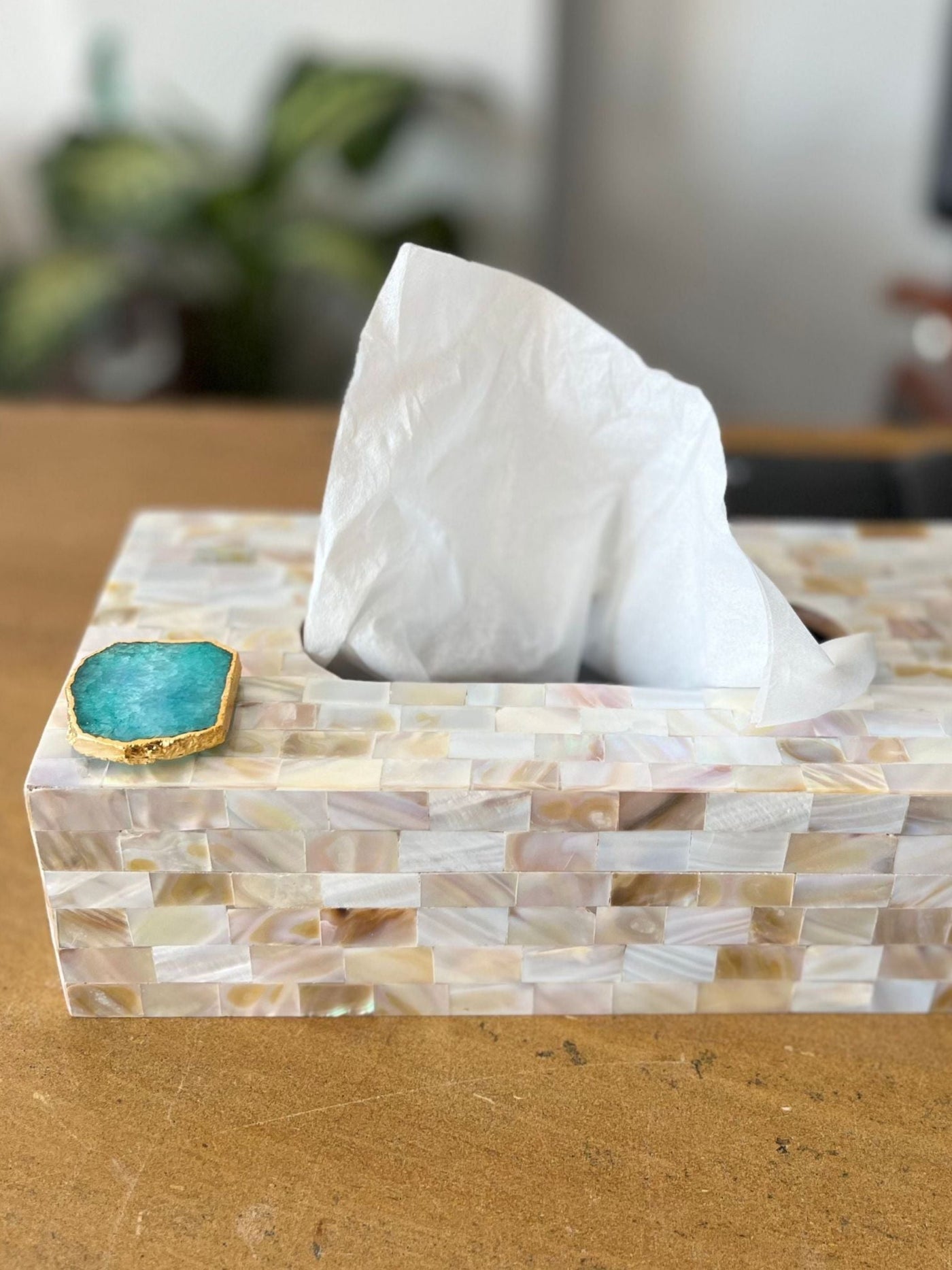 Mother of Pearl Tissue Box Holder with Agate