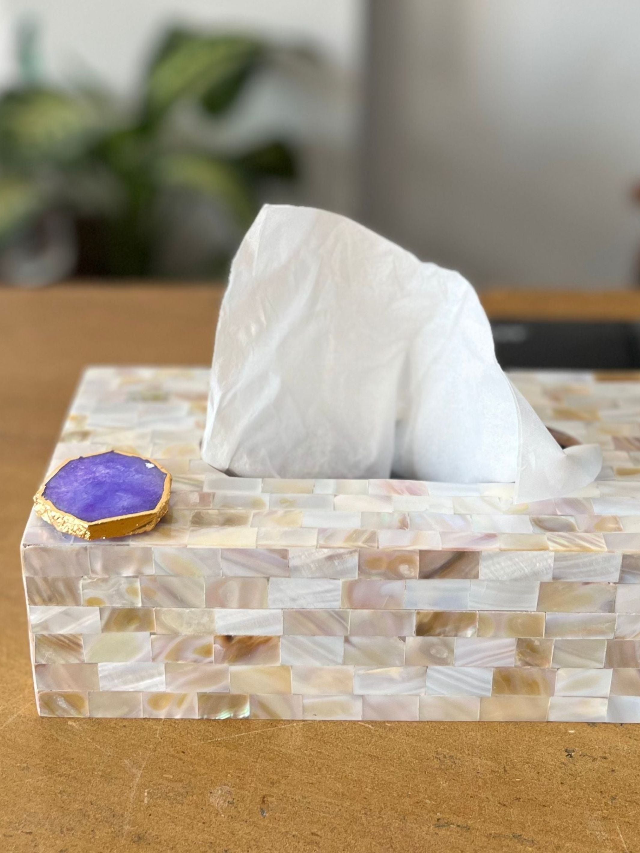 Mother of Pearl Tissue Box Holder with Agate