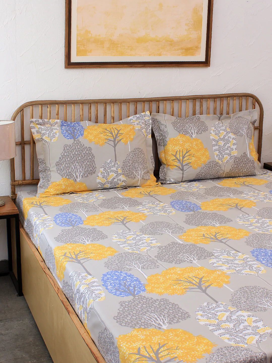 Saptaparni Yellow Fitted Sheet with Pillow Cover