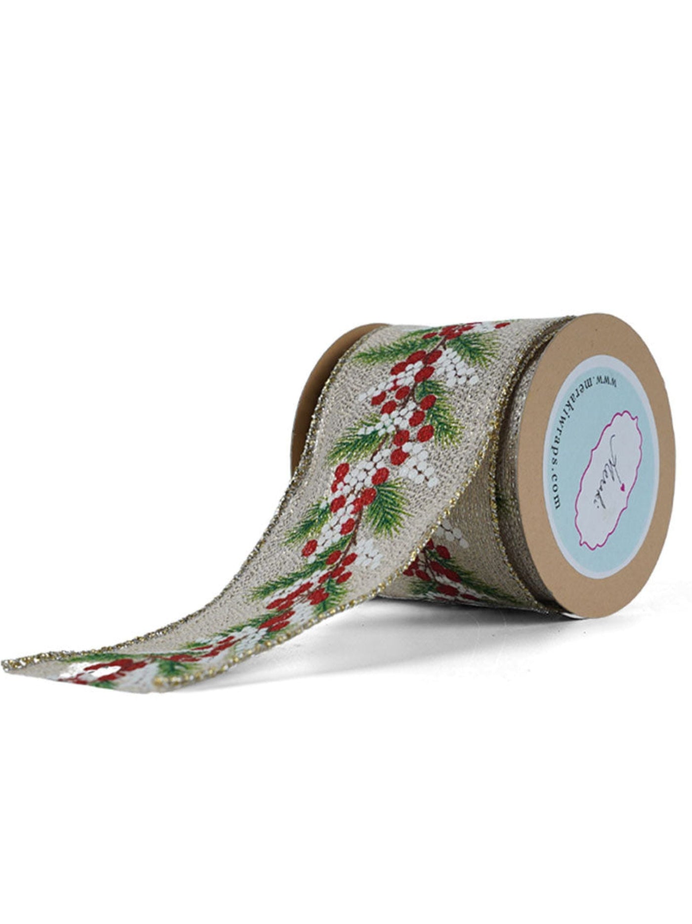 Gold White & Red Berry Christmas Ribbon