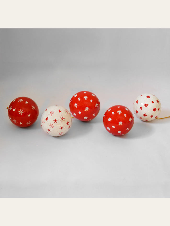 Red & White Chinar Baubles - Papier Mache Christmas Decorations in Pack of 5