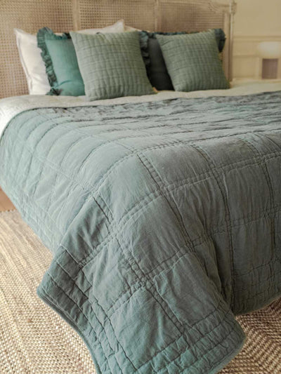 Checker Embroidered Teal Kantha Quilt