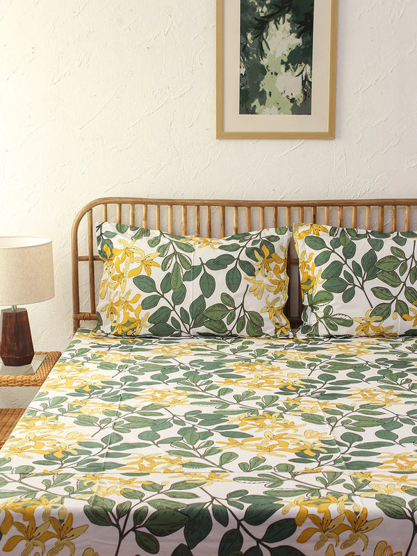 Moringa Green Fitted Bedsheet With Pillow Cover