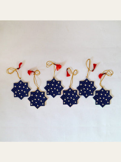 Blue Christmassy Papier Mache Star Decorations in Pack of 6
