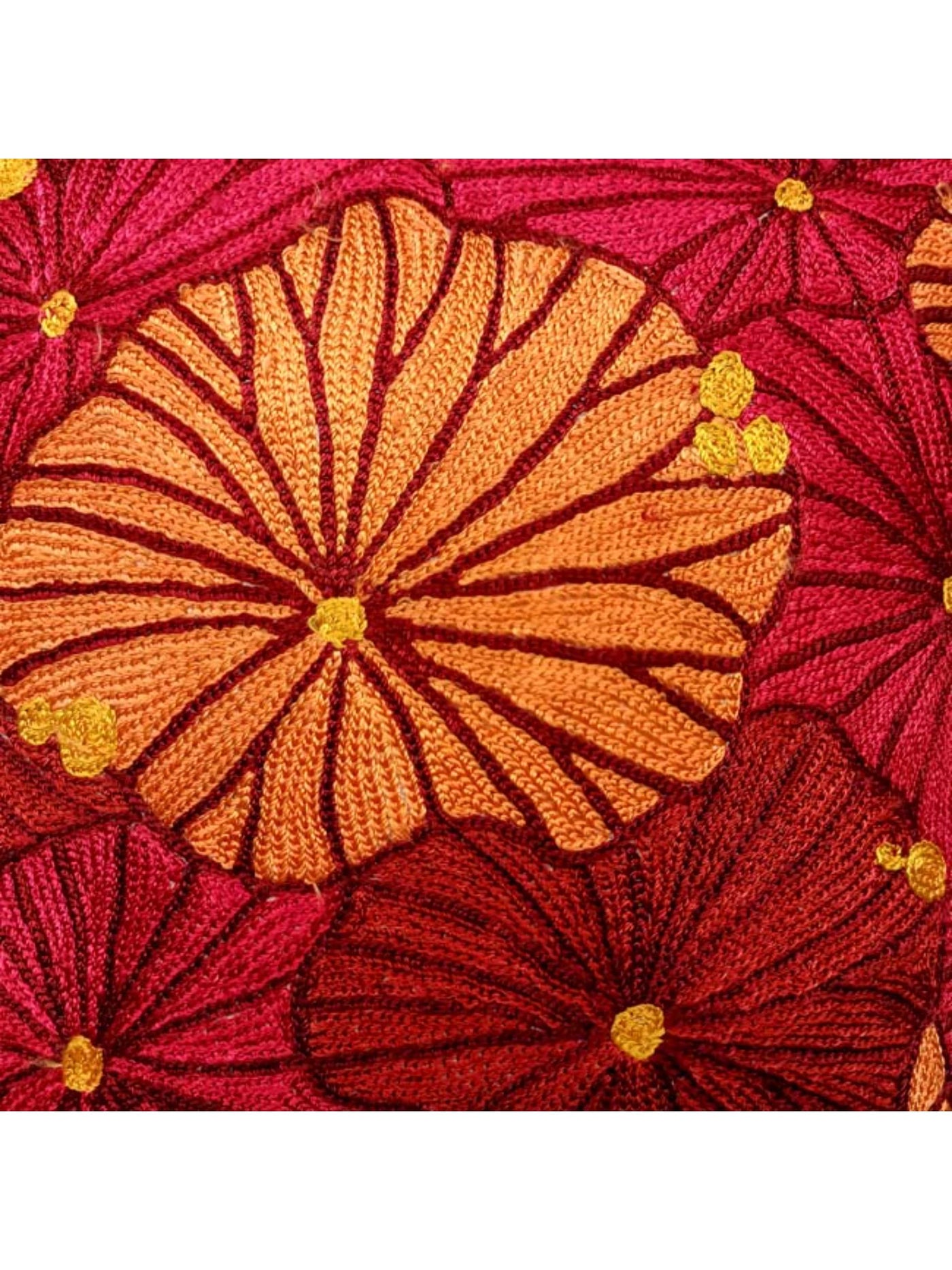 Cushion Cover - Fronds Chainstitch Embroidered  Red & Yellow