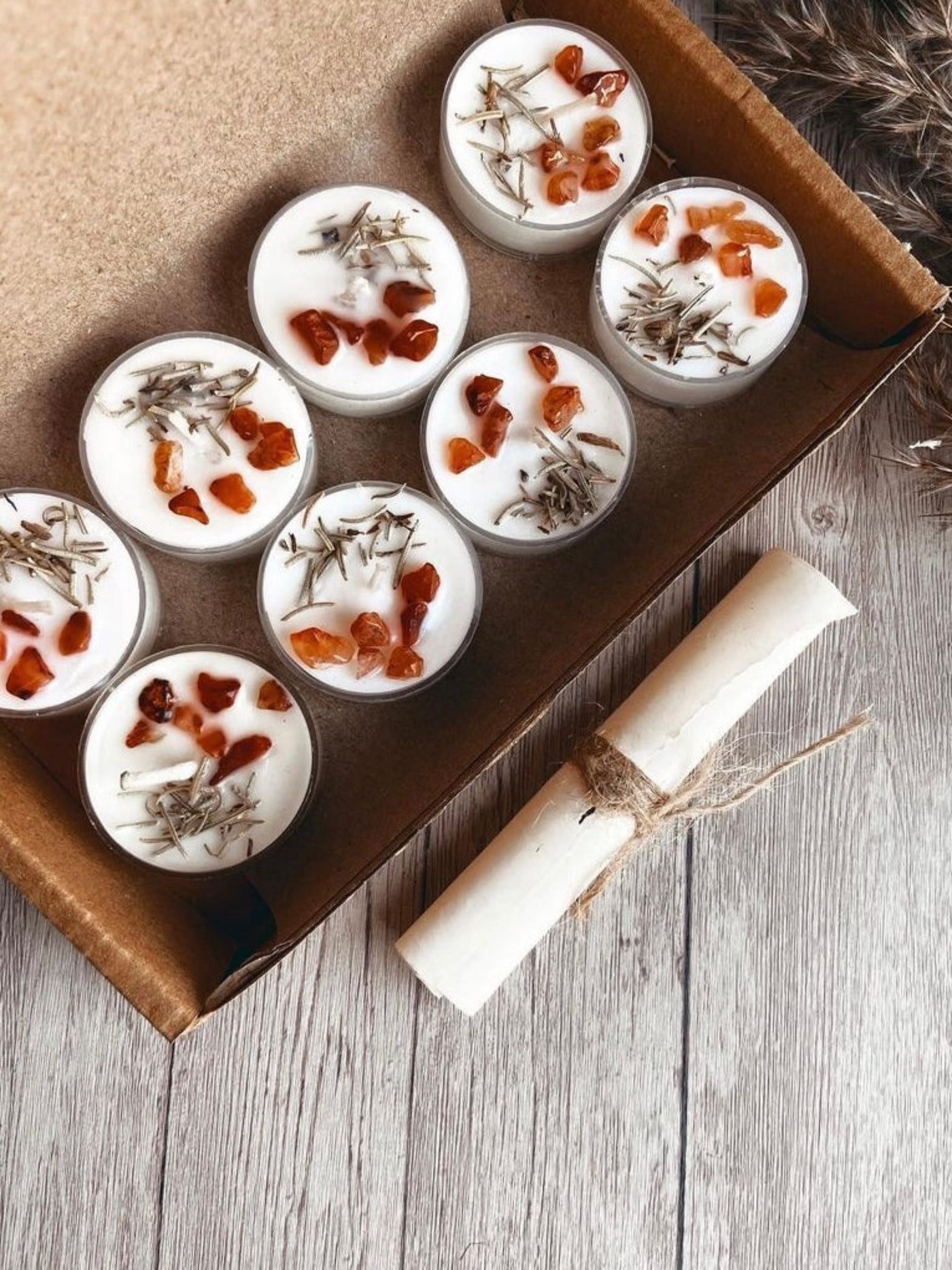 Scented Tea Light Candles Set of 8 - Infused with Rosemary & Orange Carnelian