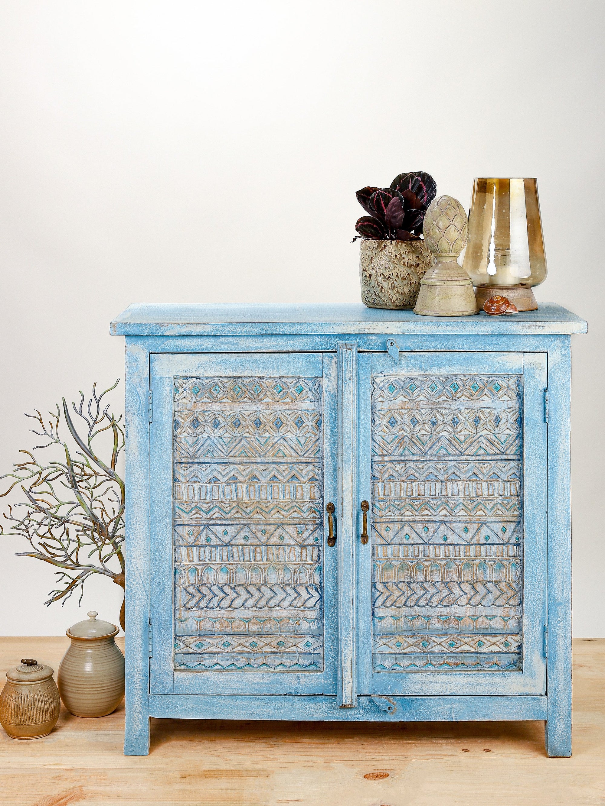 Blue Hand Carved Aztec Two Door Cabinet