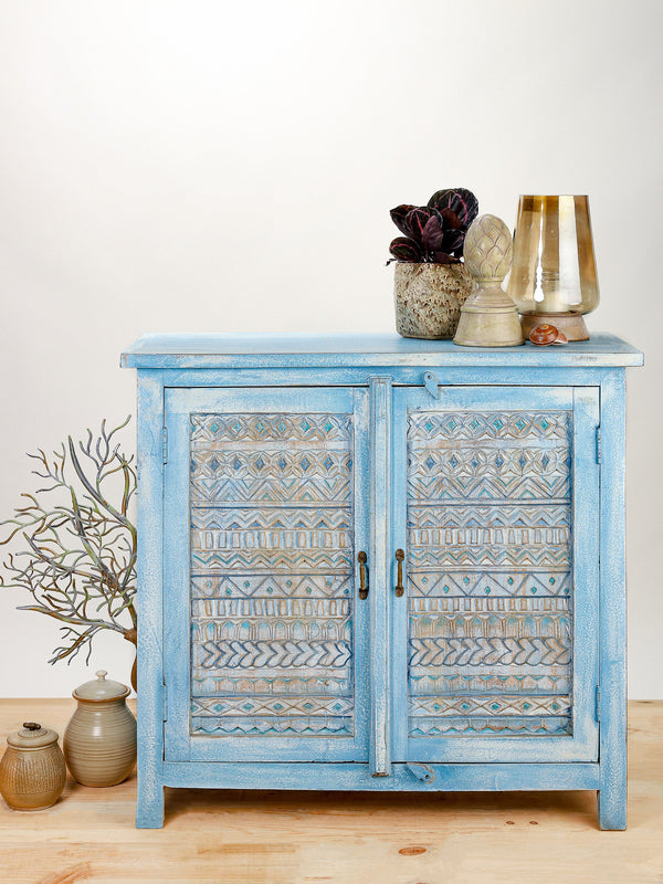 Blue Hand Carved Aztec Two Door Cabinet
