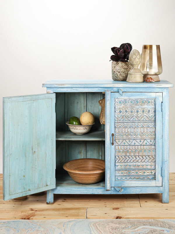 Blue Hand Carved Aztec Two Door Cabinet