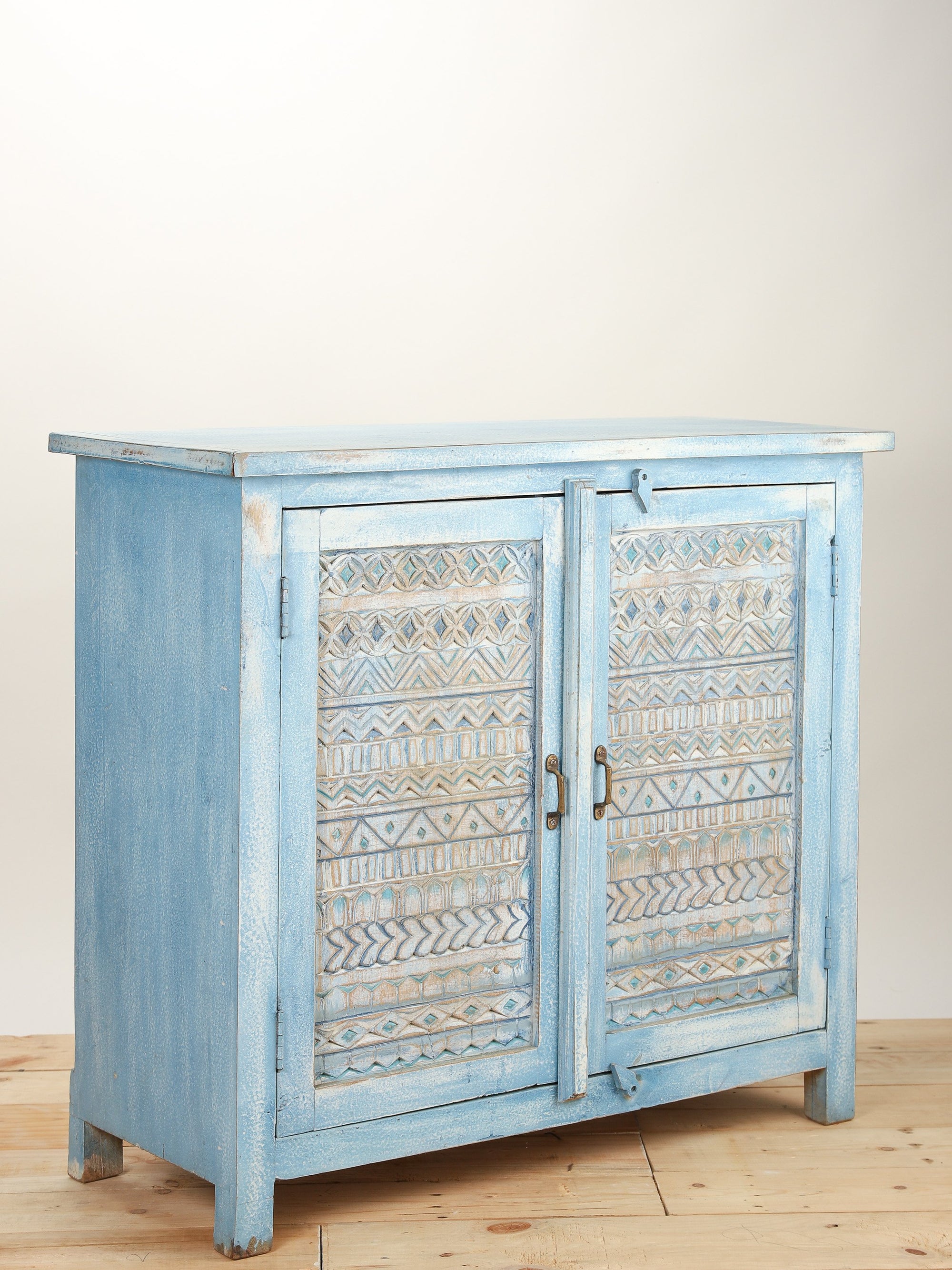 Blue Hand Carved Aztec Two Door Cabinet