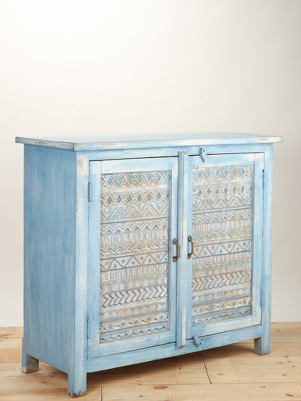 Blue Hand Carved Aztec Two Door Cabinet