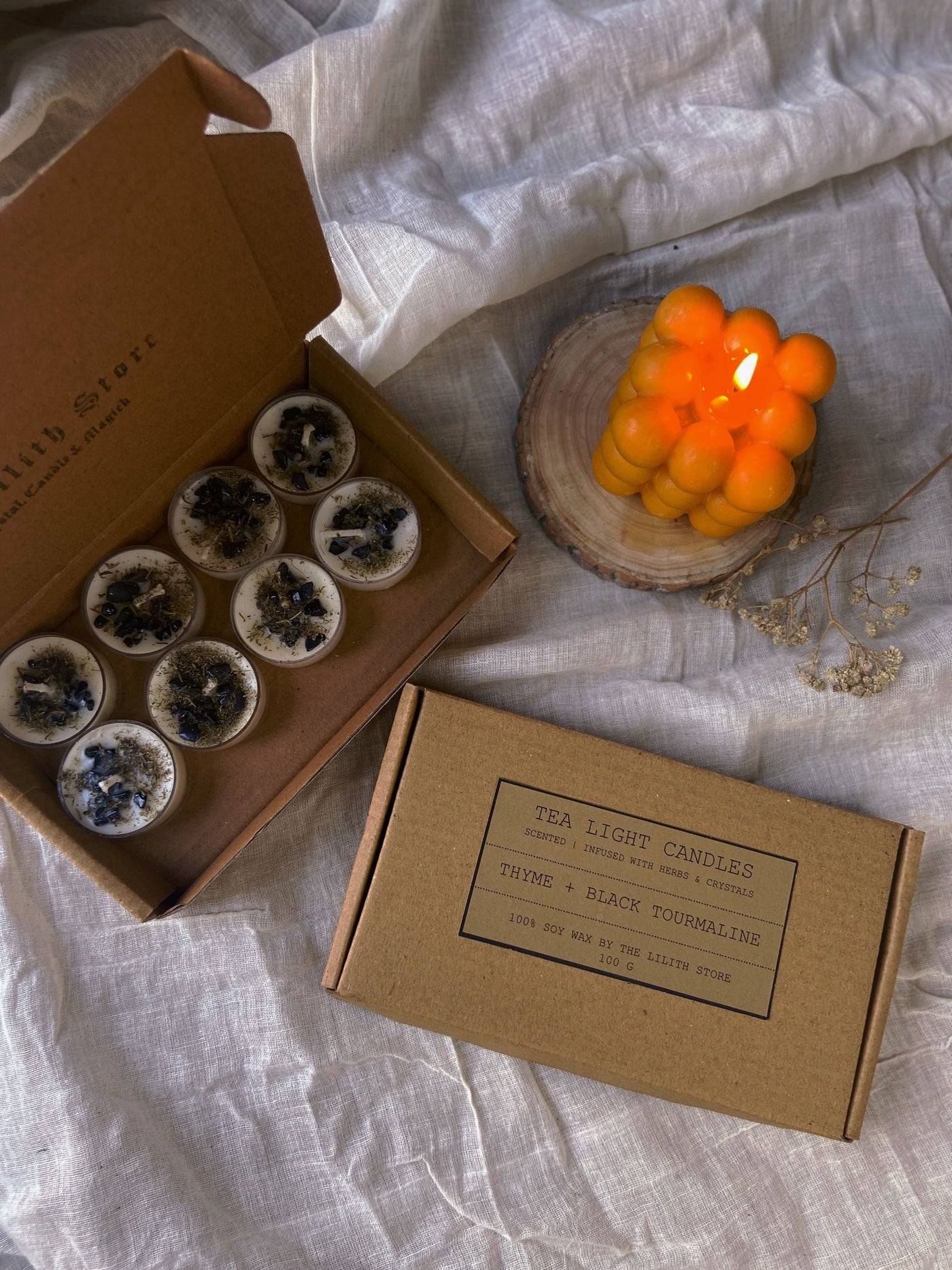 Scented Tea Light Candles Infused with Thyme and Black Tourmaline - Set of 8