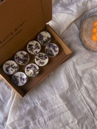 Scented Tea Light Candles - Infused with Lavender & Amethyst - Set of 8