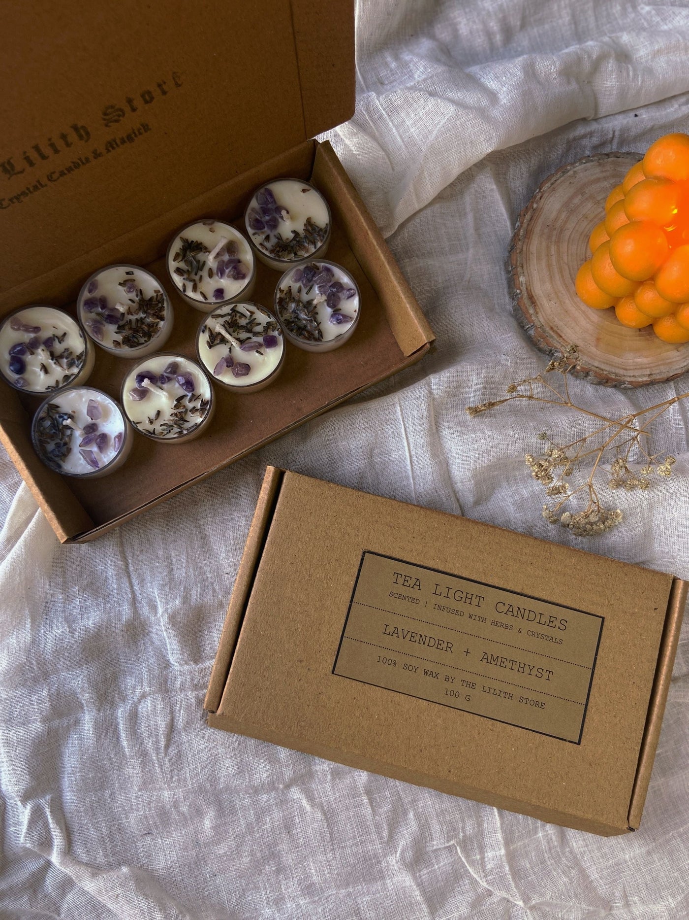 Scented Tea Light Candles - Infused with Lavender & Amethyst - Set of 8